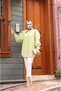 Oil Green Hijab Clothing - Jewelled Buttoned Poplin Cotton Shirt with Pointed Collar and Balloon Sleeve Detail - 2