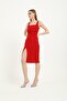 Red Midi Dress - Zero Sleeve, Square Collar, Knitted Draped - 4