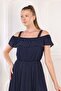 Navy blue women's dress with ruffled shoulder - 2