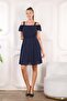 Navy blue women's dress with ruffled shoulder - 7