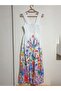 Women's Thick Strapped Square Neck Floral Dress with Elastic Back and Knee-Length Midi Length - 5