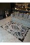 Beige Antique Design Series Fringed Blue Detailed Patterned Decorative Carpet Antik106 - 3