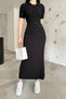 Women's Black Corded Long Summer Polo Collar Knitwear Dress