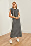 Women's Striped Black Underarm Piece Striped Midi Dress Elb- 19002242 - 5