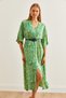 Women's Green Double Breasted Neckline Elastic Waist Slit Woven Dress Elb- 19002239 - 5