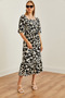 Women's Leopard Black Robe Gimped Midi Knitted Dress Elb- 19002108 - 5