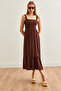 Brown Viscose Midi Dress with Straps and Guipes ELB- 19002102 - 4