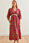 Women's Fuchsia Green Double Breasted Collar Elastic Waist Slit Woven Dress Elb-19002241 - 7