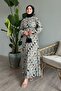 Beige Chiffon Dress - Abstract Brush Pattern - 3