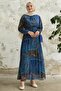Viera Shawl Patterned Blue Chiffon Dress with Belted Collar