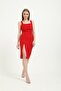 Red Midi Dress - Zero Sleeve, Square Collar, Knitted Draped - 3