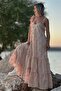 Ruffle Strap Fabric Floral Lined Maxi Summer Bohemian Beach Vacation Dress Camel