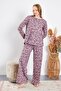 Women's Crew Neck Long Sleeve Flared Leg Pajama Set - 4
