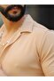 Men's Beige Cotton Corduroy Patterned Summer Short Sleeve Open Collar Shirt - 3