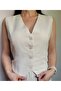 Women's Lined Stylish Linen Vest-Beige - 2
