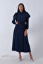 Navy Blue Hijab Dress - Hidden Button and Sash 46344 - 2