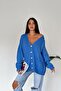 Women's Blue Standard Size Double Pocket Button Detailed Off-Shoulder Oversize Knitwear Cardigan - 6