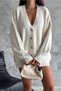 Women's Beige Standard Size Double Pocket Button Detailed Off-Shoulder Oversize Knitwear Cardigan - 3