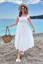 Women's White Scalloped Lined Strap Midi Dress