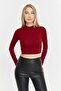 Women's Burgundy Stand Collar Long Sleeve Crop Blouse