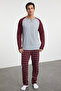 Dark Burgundy 100% Cotton Men's Regular Fit Raglan Sleeve Checked Knitted Pajama Set Thmaw21Pt0879 - 2