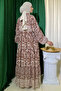 Patterned Chiffon Dress - Brown, Half Buttoned and Lined - 3