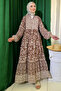 Patterned Chiffon Dress - Brown, Half Buttoned and Lined - 2