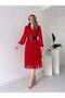 New Season Women's Double-Breasted Neck Lined Belted Tulle Midi Chiffon Dress