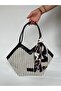 New Season Black Cream Jute Straw Zippered Hand and Shoulder Bag with Scarf, Asymmetrical Cut