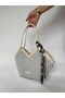 New Season Blue Cream Jute Straw Zippered Hand and Shoulder Bag with Scarf, Asymmetrical Cut - 4