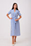 Blue and White Striped Belted Dress with Slit Detail - 4