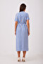 Blue and White Striped Belted Dress with Slit Detail - 8