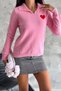 Women's Pink Standard Size Polo Collar Heart Cotton Knitwear Sweater - 3