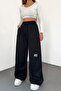 Women's Kompac Combed Cotton Black Two Thread Elastic Waist Loose Wide Leg Sweatpants - 2
