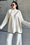 Women's Ecru Striped Lower-Top Hijab Knitwear Set - 6