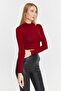 Women's Burgundy Stand Collar Long Sleeve Crop Blouse - 4