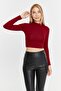 Women's Burgundy Stand Collar Long Sleeve Crop Blouse - 3