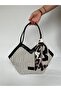 New Season Black Cream Jute Straw Zippered Hand and Shoulder Bag with Scarf, Asymmetrical Cut - 2