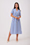 Blue and White Striped Belted Dress with Slit Detail - 5