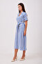 Blue and White Striped Belted Dress with Slit Detail - 6