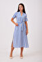 Blue and White Striped Belted Dress with Slit Detail - 2