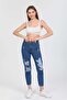 Kn leg laser ripped blue women's mom jeans - 2