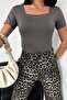 Women's Short Sleeve Square Neck Anthracite Viscose Blouse - 3
