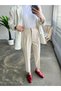 Beige High Waist Pencil Women's Fabric Trousers - 2