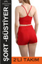 Women's Red High Waist Mini Shorts Boxer & Padded Rope Strap Bustier Sports Set 3080 - 7