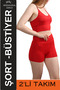 Women's Red High Waist Mini Shorts Boxer & Padded Rope Strap Bustier Sports Set 3080 - 4