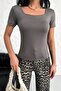 Women's Short Sleeve Square Neck Anthracite Viscose Blouse - 5