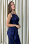 Women's Shoulder Accessory Flared Slit Shiny Fabric Evening Dress Graduation Navy Blue Wedding Dress - 6