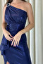 Women's Shoulder Accessory Flared Slit Shiny Fabric Evening Dress Graduation Navy Blue Wedding Dress - 7