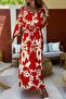 Women's Red Elastic Waist Belted Off-Shoulder Long Dress Bst-3628Red - 2